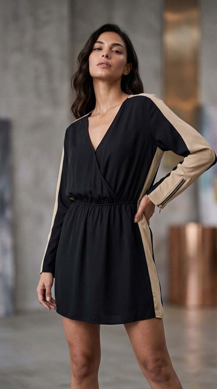 Parker Silk Wrap Mini Dress Size M Black Beige Long Sleeve